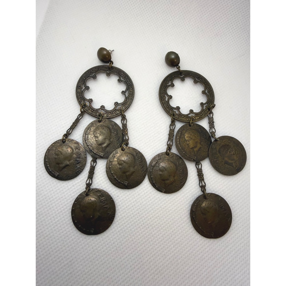 Vintage Bronze Greek Coin Chandelier Earrings Bohemian Filigree Dangle